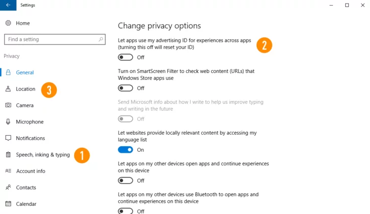 Configurações de privacidade do Windows 10